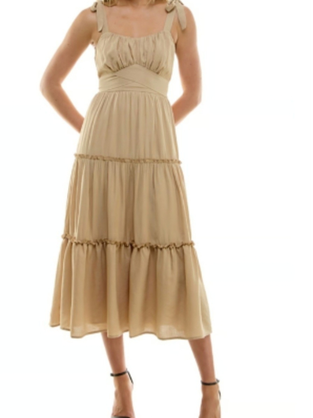 Trixxi Tie-Shoulder Tiered Midi Dress in Beige